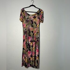 Vintage 90’s Muted Floral Midi Dress in Sage, Black, Pink & Mustard